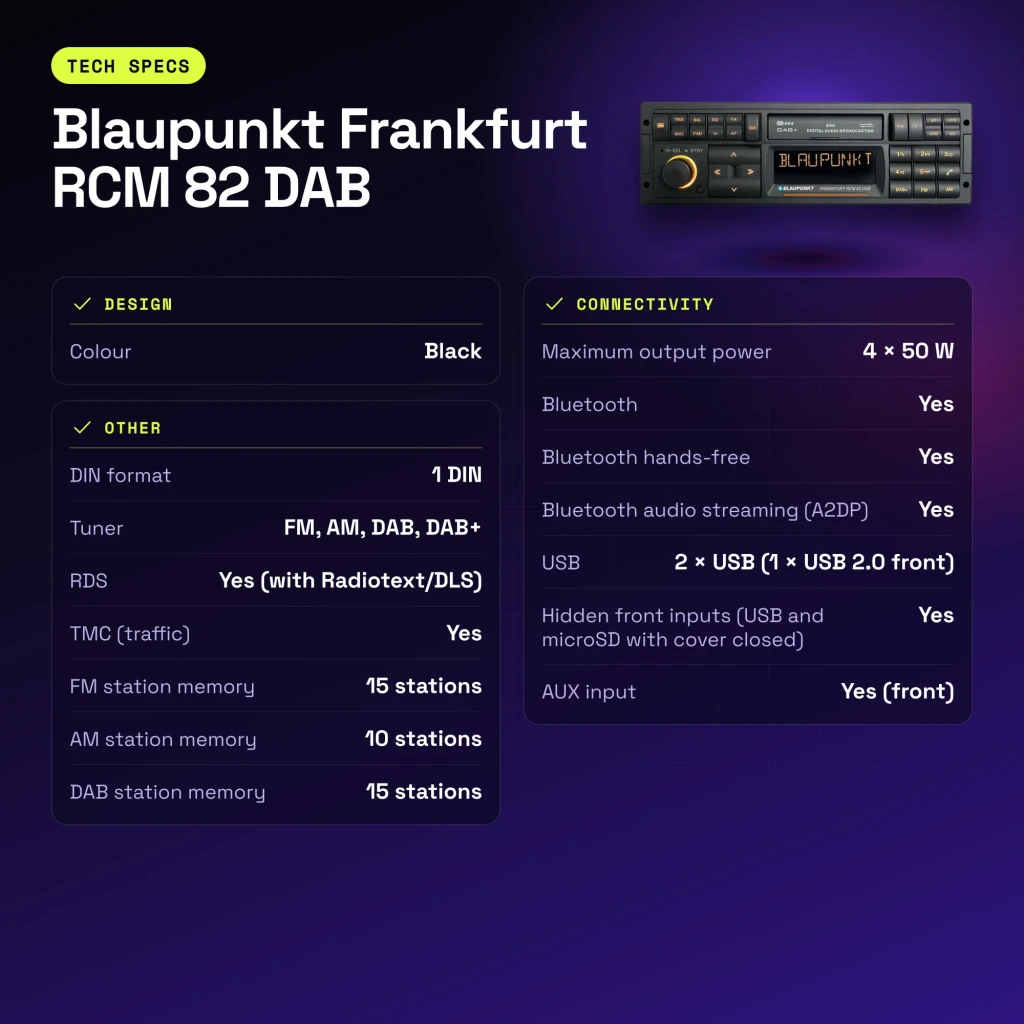 Autorradio Blaupunkt Frankfurt RCM 82 DAB Negro 1 DIN Bluetooth - características