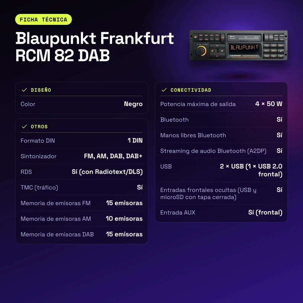 Autorradio Blaupunkt Frankfurt RCM 82 DAB Negro 1 DIN Bluetooth - características