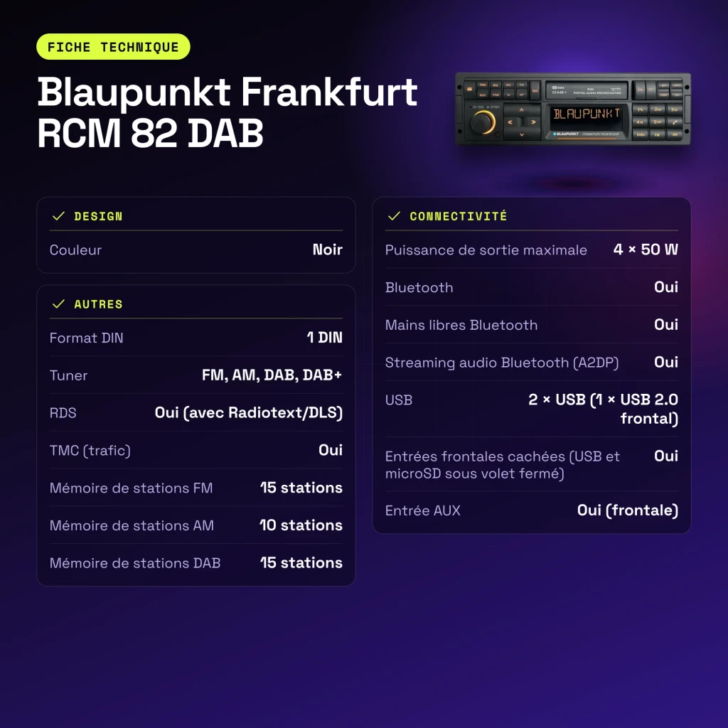 Autorradio Blaupunkt Frankfurt RCM 82 DAB Negro 1 DIN Bluetooth - características