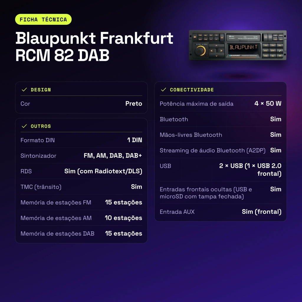 Autorradio Blaupunkt Frankfurt RCM 82 DAB Negro 1 DIN Bluetooth - características