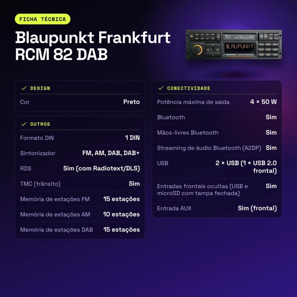Autorradio Blaupunkt Frankfurt RCM 82 DAB Negro 1 DIN Bluetooth - características