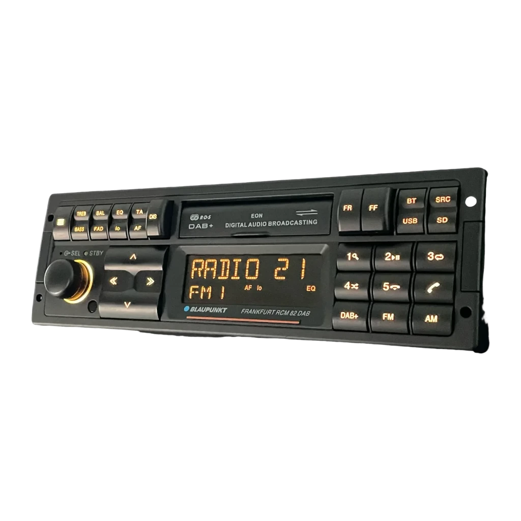 Autorradio Blaupunkt Frankfurt RCM 82 DAB Negro 1 DIN Bluetooth, detalle: pantalla LED naranja con botones BT, USB, SD