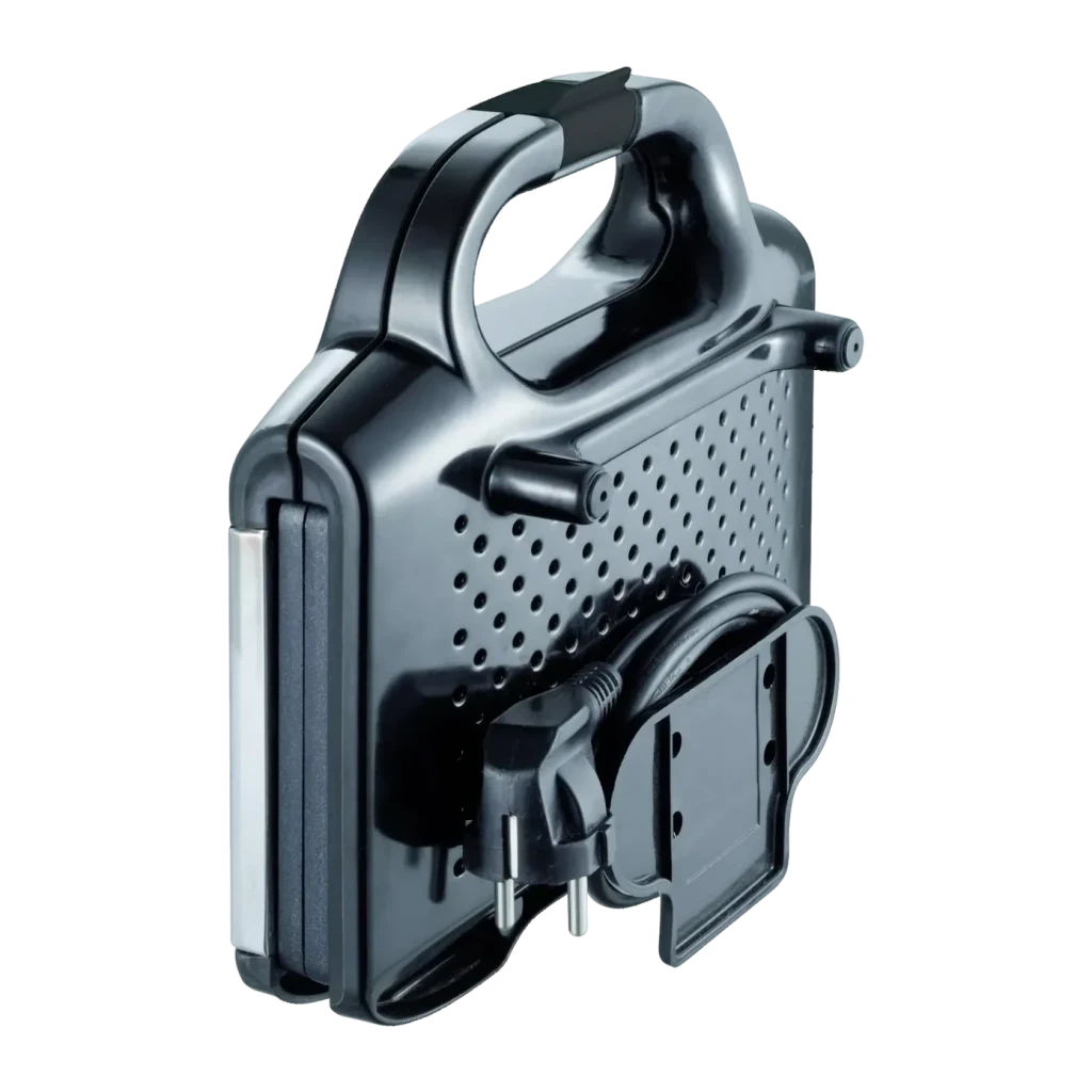Sandwichera Tefal Ultracompact 700W Negro SM1552, vista trasera: rejilla de ventilación, cable enrollado y compartimento