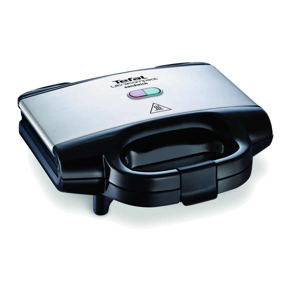 Sandwichera Tefal Ultracompact 700W Negro SM1552, detalle: tapa de acero inoxidable con indicadores luminosos y asa negra