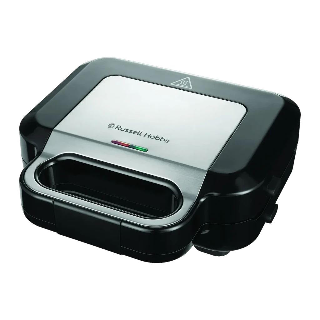 Sandwichera Russell Hobbs Creations 3 en 1 750W Acero Inoxidable 26810-56, vista frontal: tapa cepillada con logo, indicador