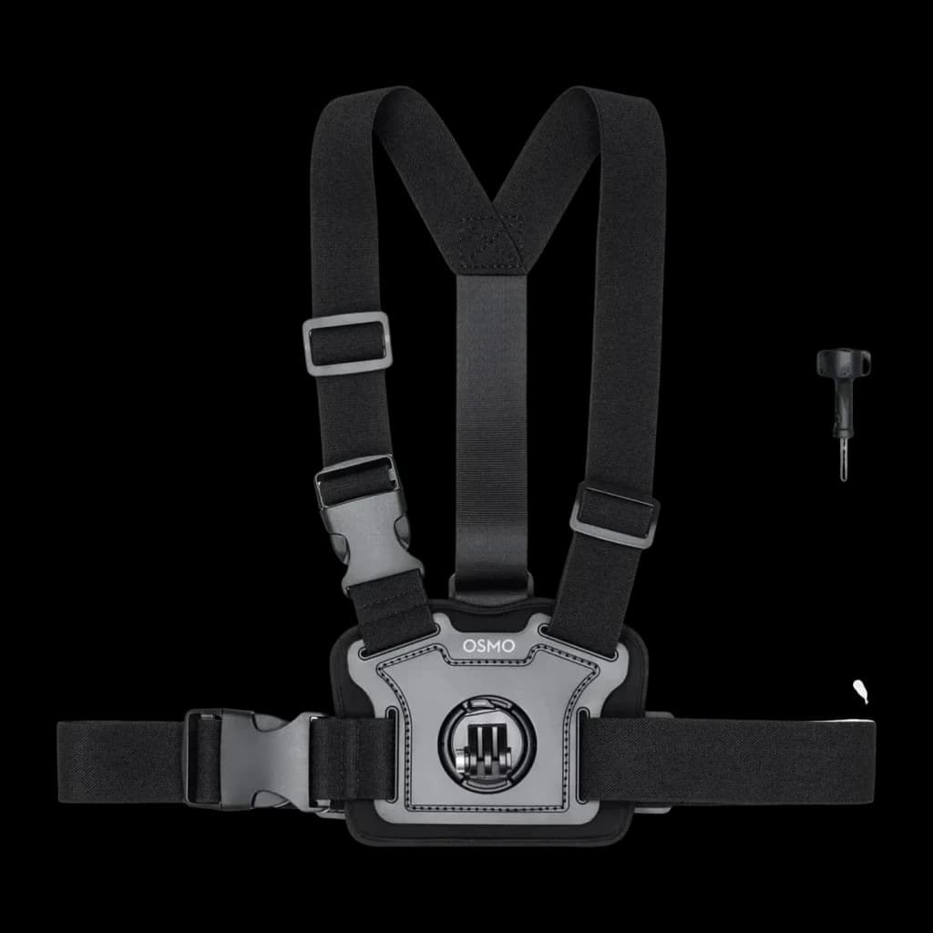 Suporte de peito DJI Osmo Action Chest Strap Mount Preto, vista frontal: arnês com correias em Y, placa central com logo