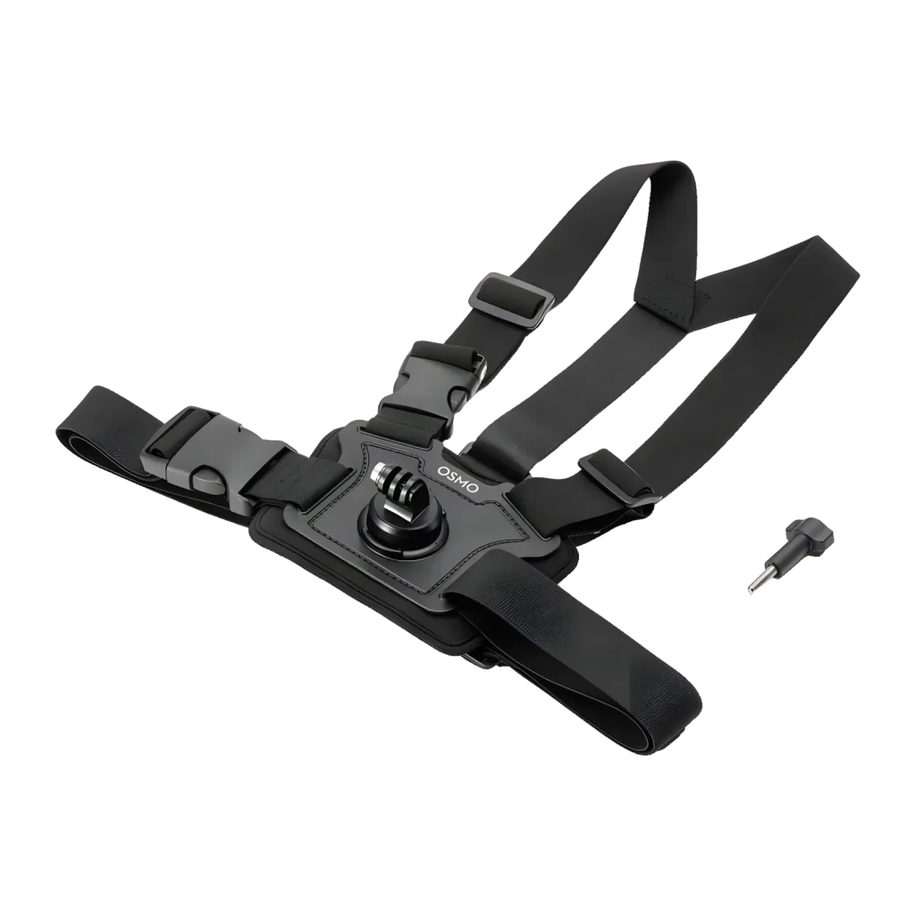 Suporte de peito DJI Osmo Action Chest Strap Mount Preto, detalhe: plataforma central com logo Osmo, parafuso de montagem