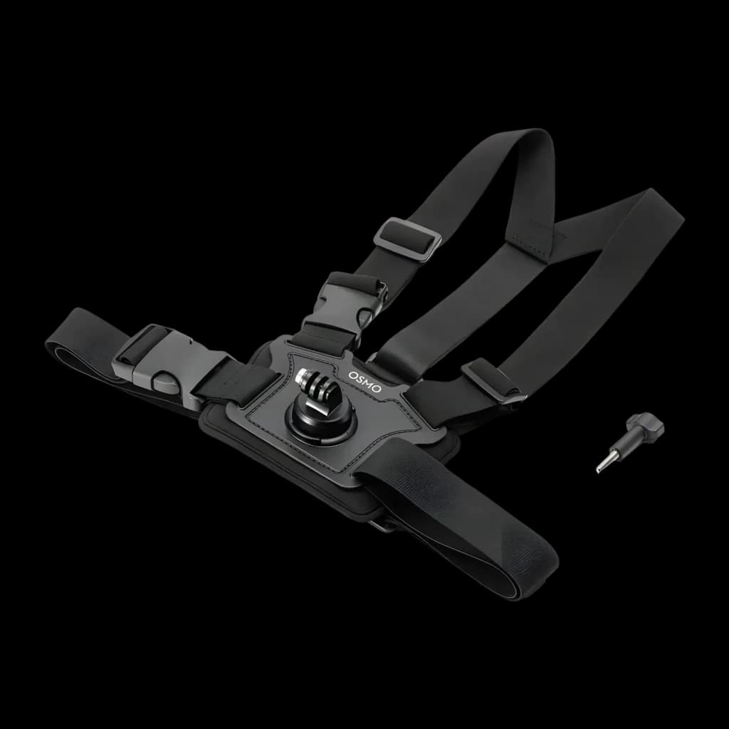 Suporte de peito DJI Osmo Action Chest Strap Mount Preto, detalhe: plataforma central com logo Osmo, parafuso de montagem