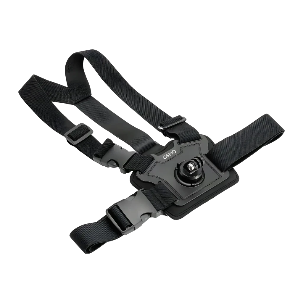 Suporte de peito DJI Osmo Action Chest Strap Mount Preto, detalhe: arnês completo com correias, fivelas e suporte giratório