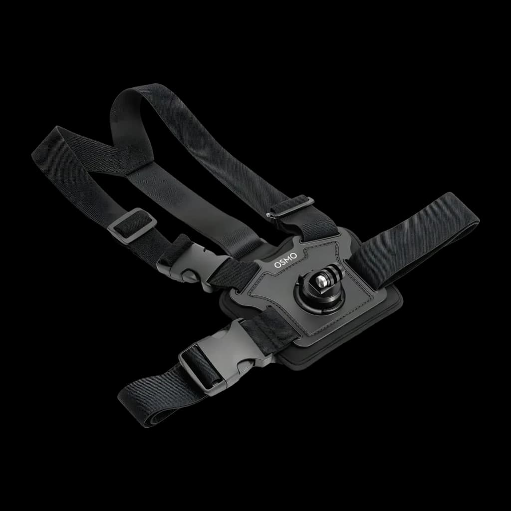 Suporte de peito DJI Osmo Action Chest Strap Mount Preto, detalhe: arnês completo com correias, fivelas e suporte giratório