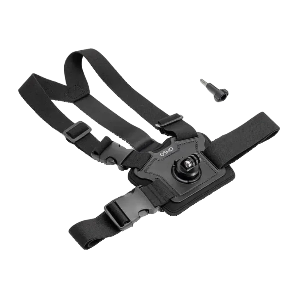Suporte de peito DJI Osmo Action Chest Strap Mount Preto, detalhe: arnês preto aberto com placa central OSMO, rótula