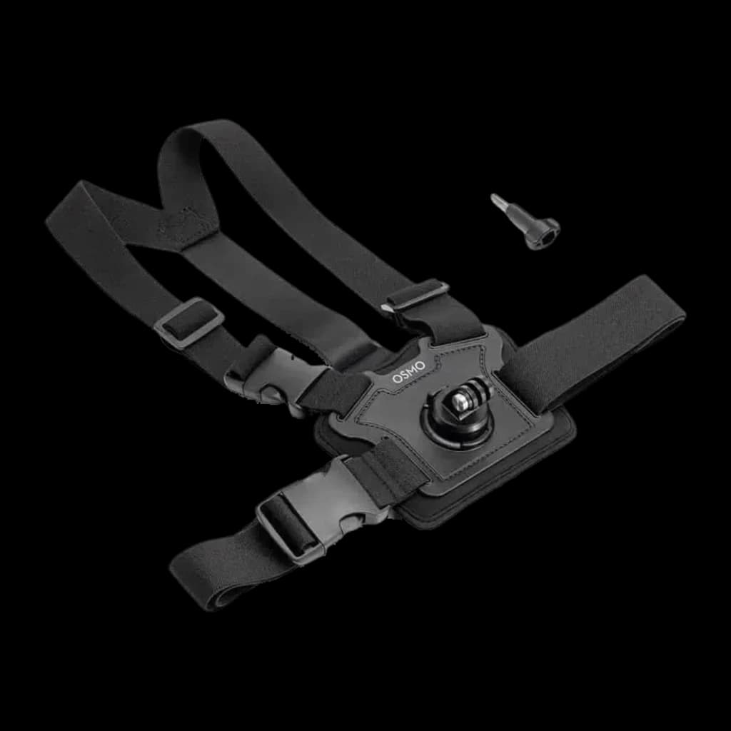 Suporte de peito DJI Osmo Action Chest Strap Mount Preto, detalhe: arnês preto aberto com placa central OSMO, rótula