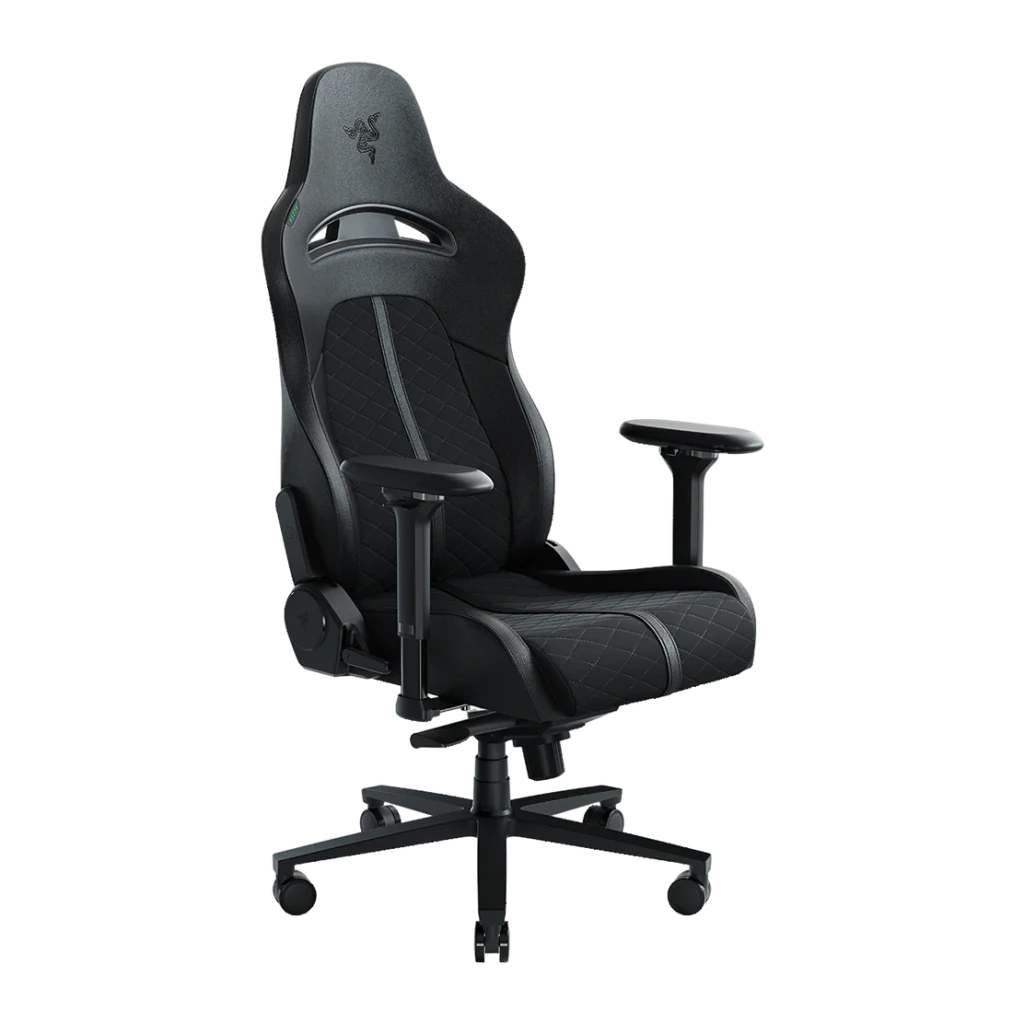 Siège Gaming Razer Enki Noir Cuir synthétique 4D 136kg, vue de face: dossier haut avec logo Razer, surpiqûres losange