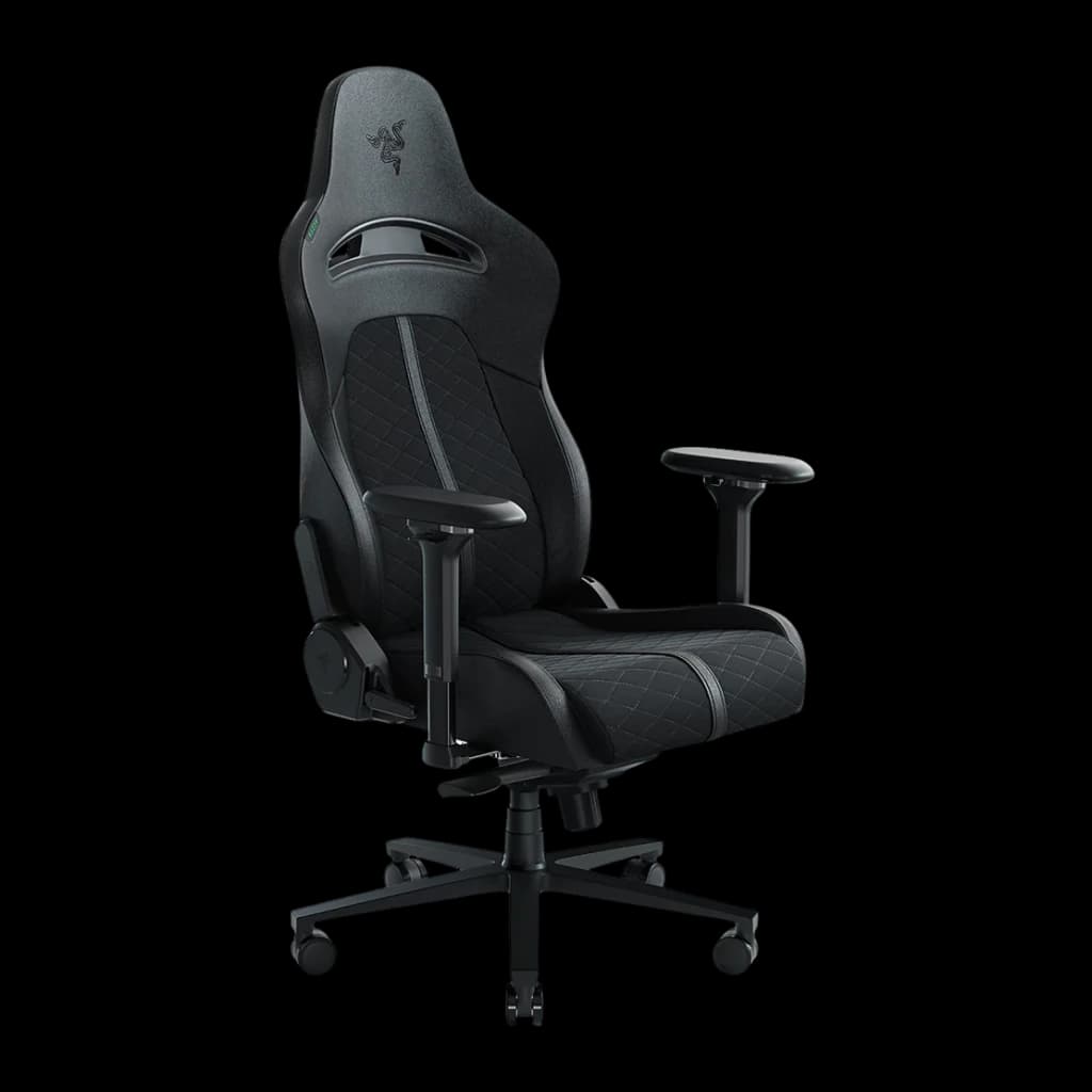 Siège Gaming Razer Enki Noir Cuir synthétique 4D 136kg, vue de face: dossier haut avec logo Razer, surpiqûres losange