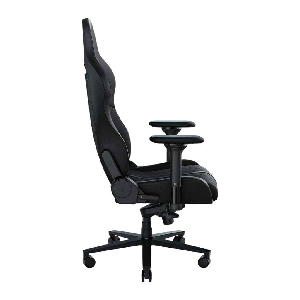 Siège Gaming Razer Enki Noir Cuir synthétique 4D 136kg, détail latéral: accoudoir 4D, base étoile et roulettes visibles