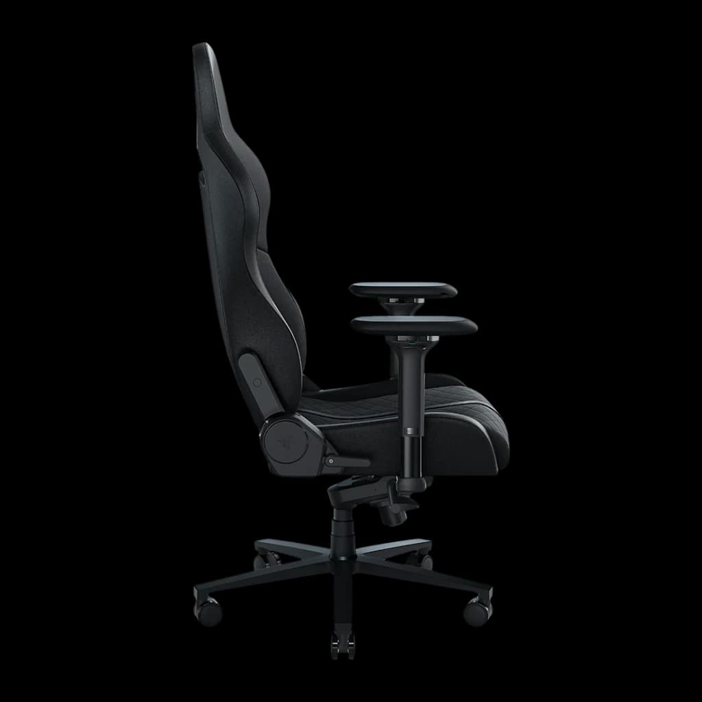 Siège Gaming Razer Enki Noir Cuir synthétique 4D 136kg, détail latéral: accoudoir 4D, base étoile et roulettes visibles