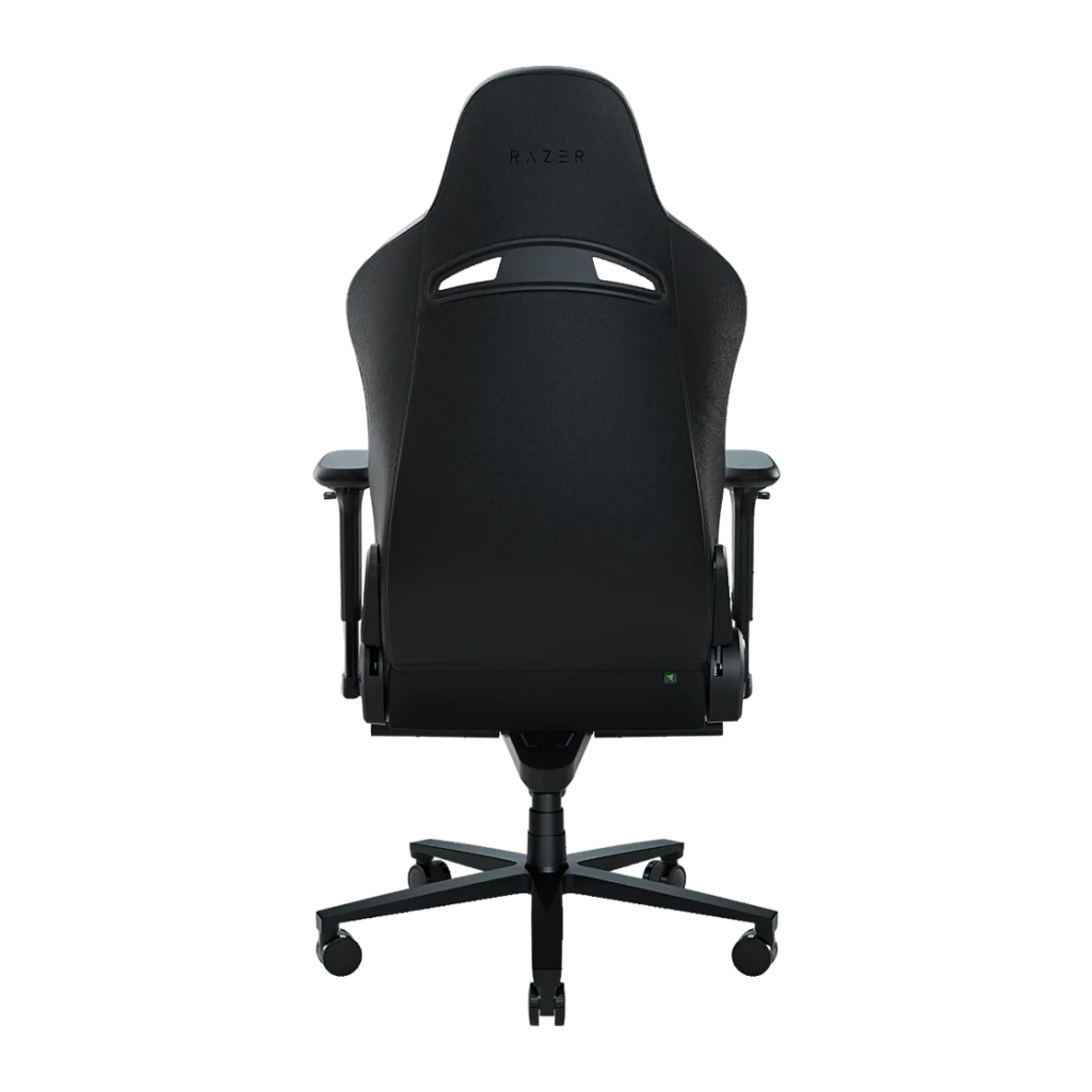 Siège Gaming Razer Enki Noir Cuir synthétique 4D 136kg, vue arrière: dossier avec fente, logo Razer, accoudoirs 4D et base