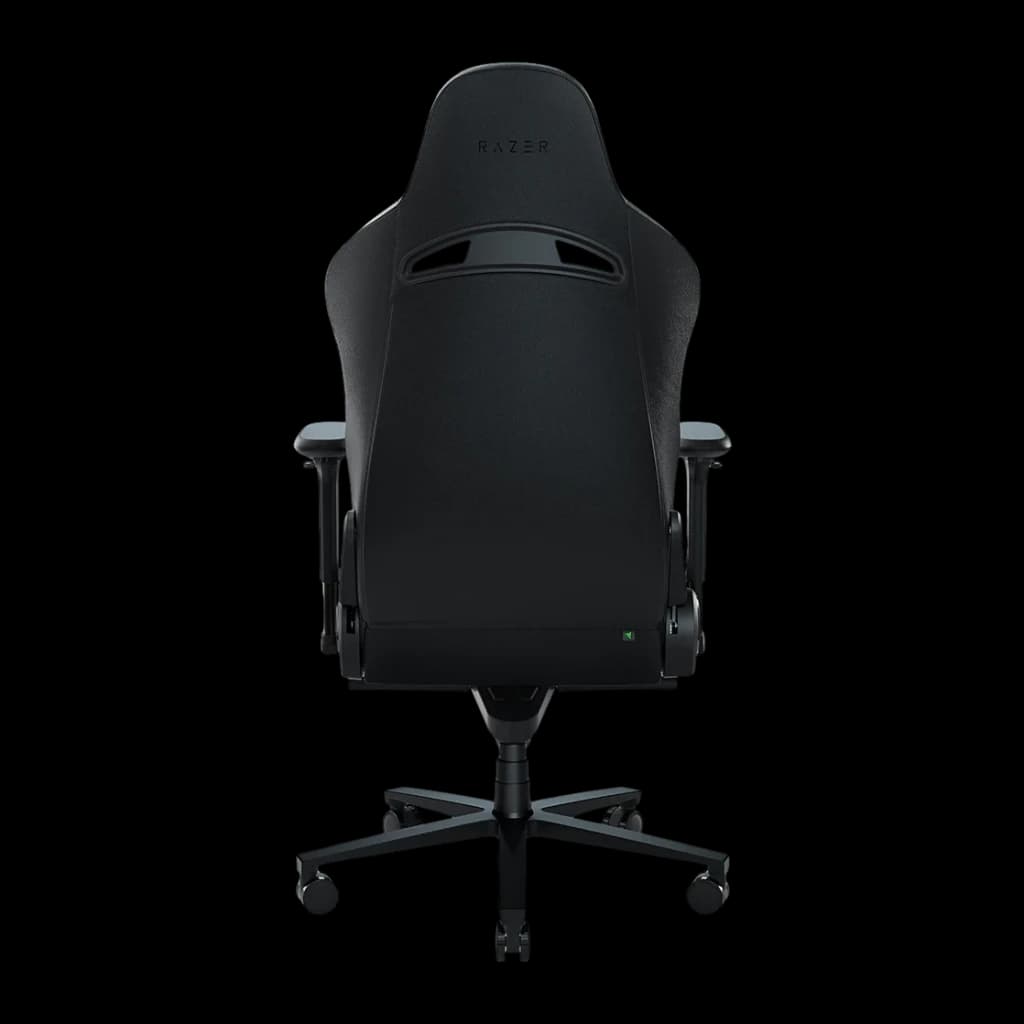 Siège Gaming Razer Enki Noir Cuir synthétique 4D 136kg, vue arrière: dossier avec fente, logo Razer, accoudoirs 4D et base