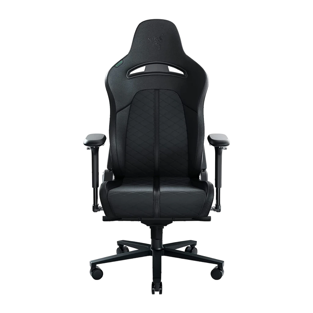 Siège Gaming Razer Enki Noir Cuir synthétique 4D 136kg, détail face: piqûres losange, logo vert et accoudoirs 4D