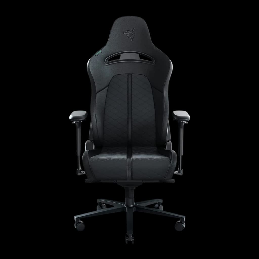 Siège Gaming Razer Enki Noir Cuir synthétique 4D 136kg, détail face: piqûres losange, logo vert et accoudoirs 4D
