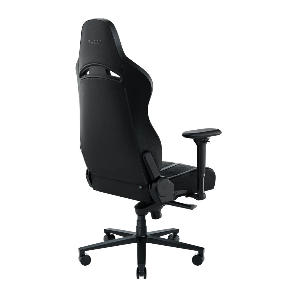 Siège Gaming Razer Enki Noir Cuir synthétique 4D 136kg, vue arrière: dossier avec logo Razer, accoudoirs 4D et base étoile