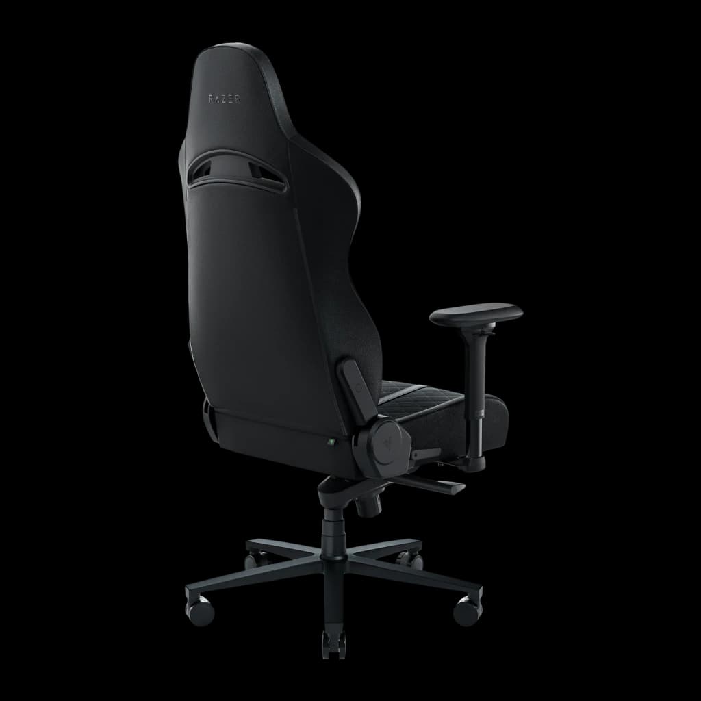Siège Gaming Razer Enki Noir Cuir synthétique 4D 136kg, vue arrière: dossier avec logo Razer, accoudoirs 4D et base étoile