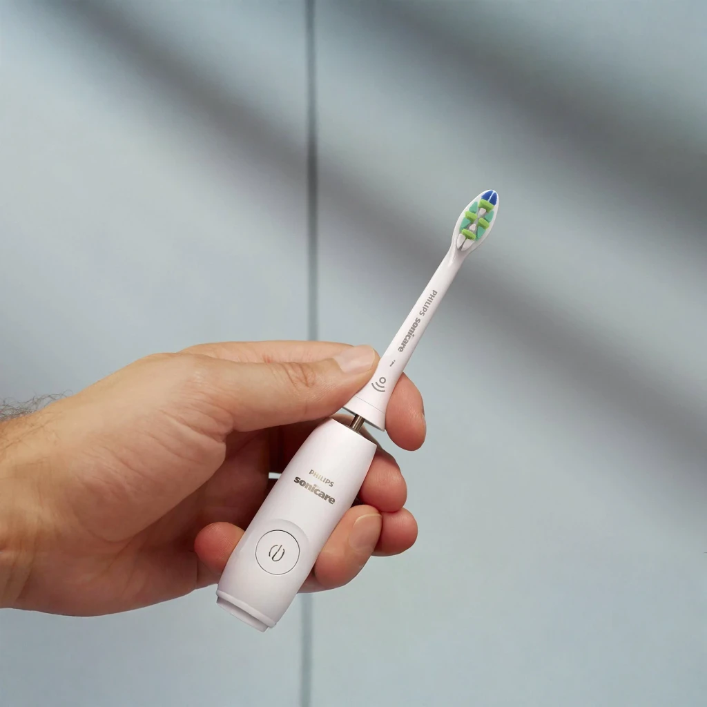 Cabezales de cepillo dental Philips Sonicare InterCare Pack 6 BrushSync Blanco HX9006/87, en uso: mano sostiene el cepillo