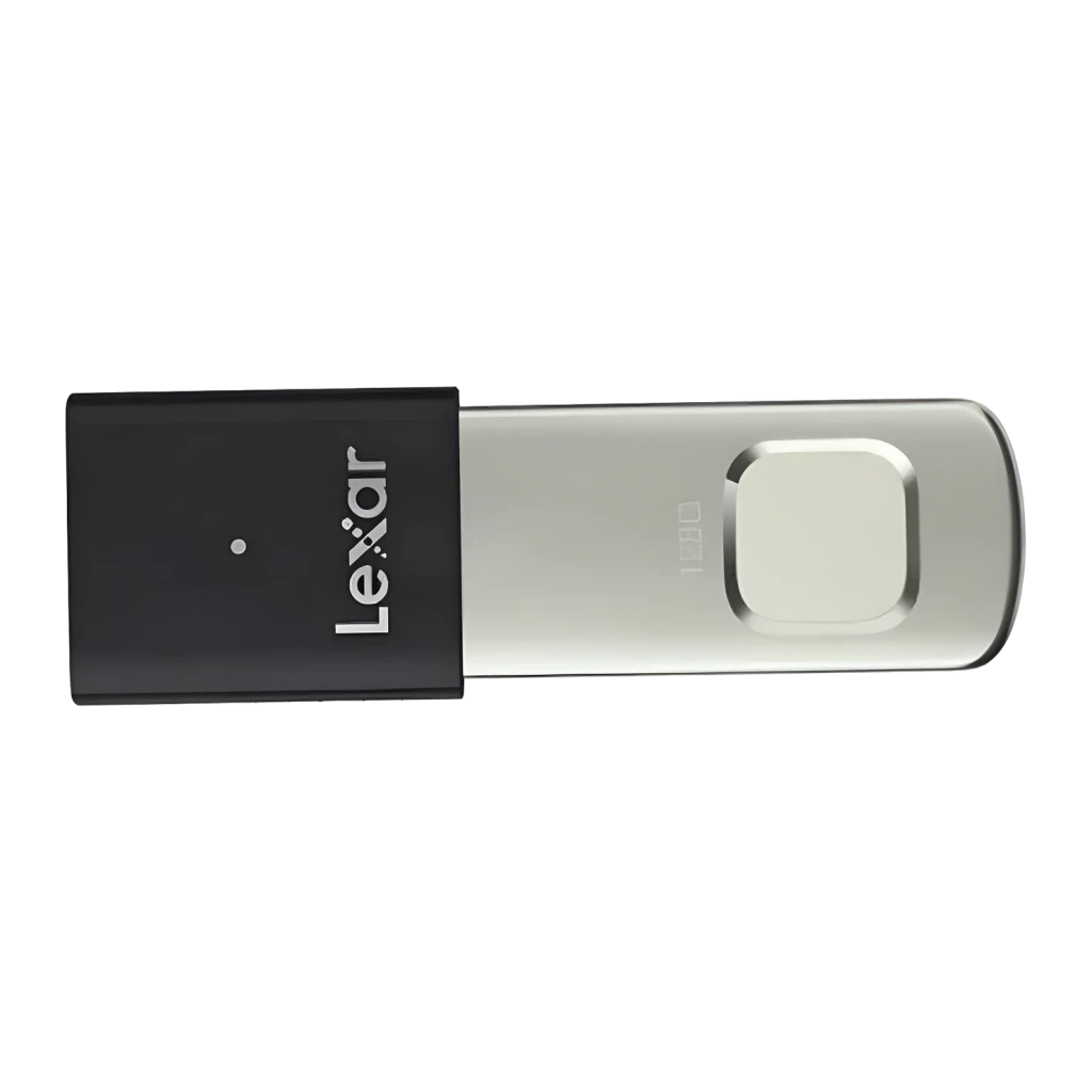 Clé USB Lexar JumpDrive Fingerprint F35 Pro 128Go USB 3.2 400 Mo/s Noir, détail: vue de dessus avec capteur d'empreinte
