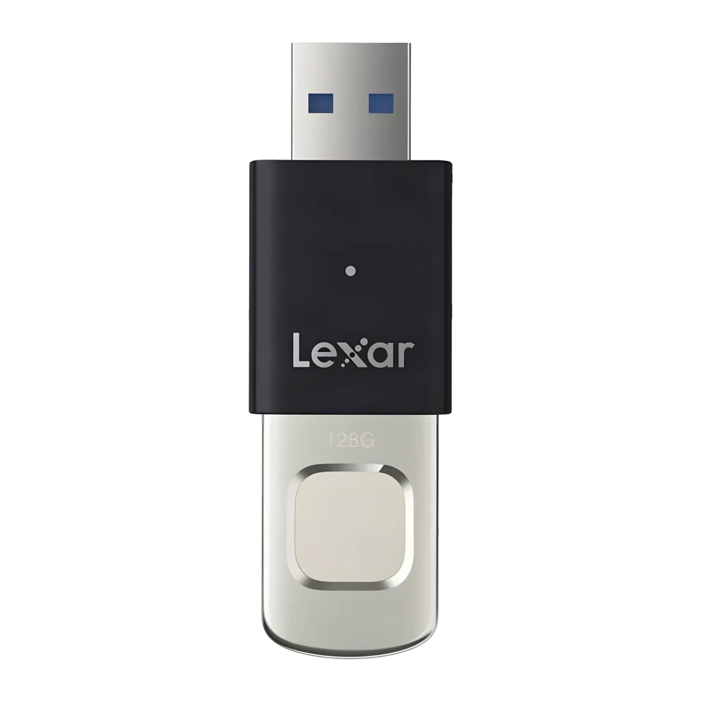 Clé USB Lexar JumpDrive Fingerprint F35 Pro 128Go USB 3.2 400 Mo/s Noir, détail face avant: capteur d'empreinte digitale