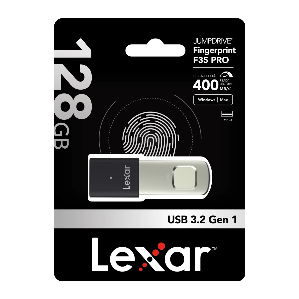 Clé USB Lexar JumpDrive Fingerprint F35 Pro 128Go USB 3.2 400 Mo/s Noir, contenu de la boîte: emballage frontal avec clé