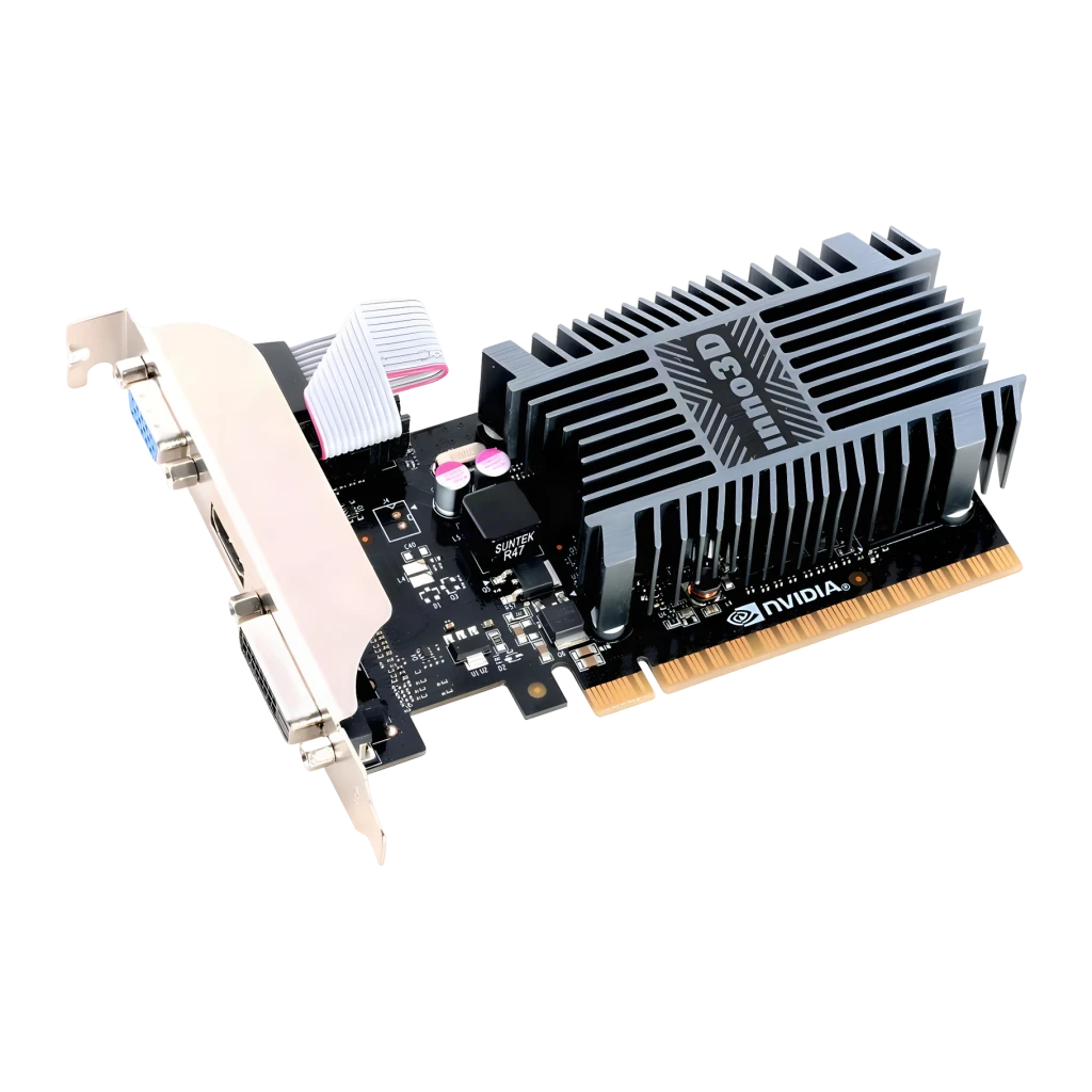 Inno3D GeForce GT 710 SDDR3 LP 2 Go GDDR3 Low Profile Noir, détail: dissipateur passif à ailettes, PCB noir et équerre