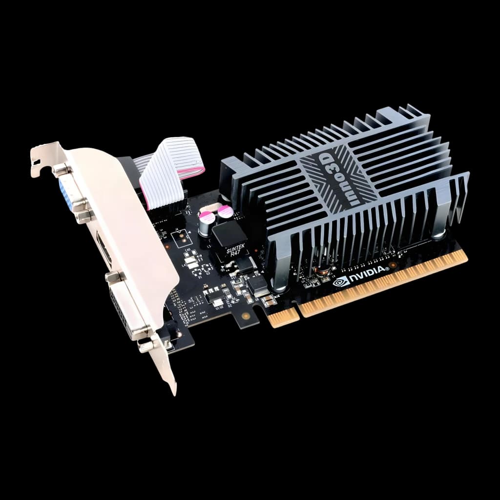 Inno3D GeForce GT 710 SDDR3 LP 2 Go GDDR3 Low Profile Noir, détail: dissipateur passif à ailettes, PCB noir et équerre