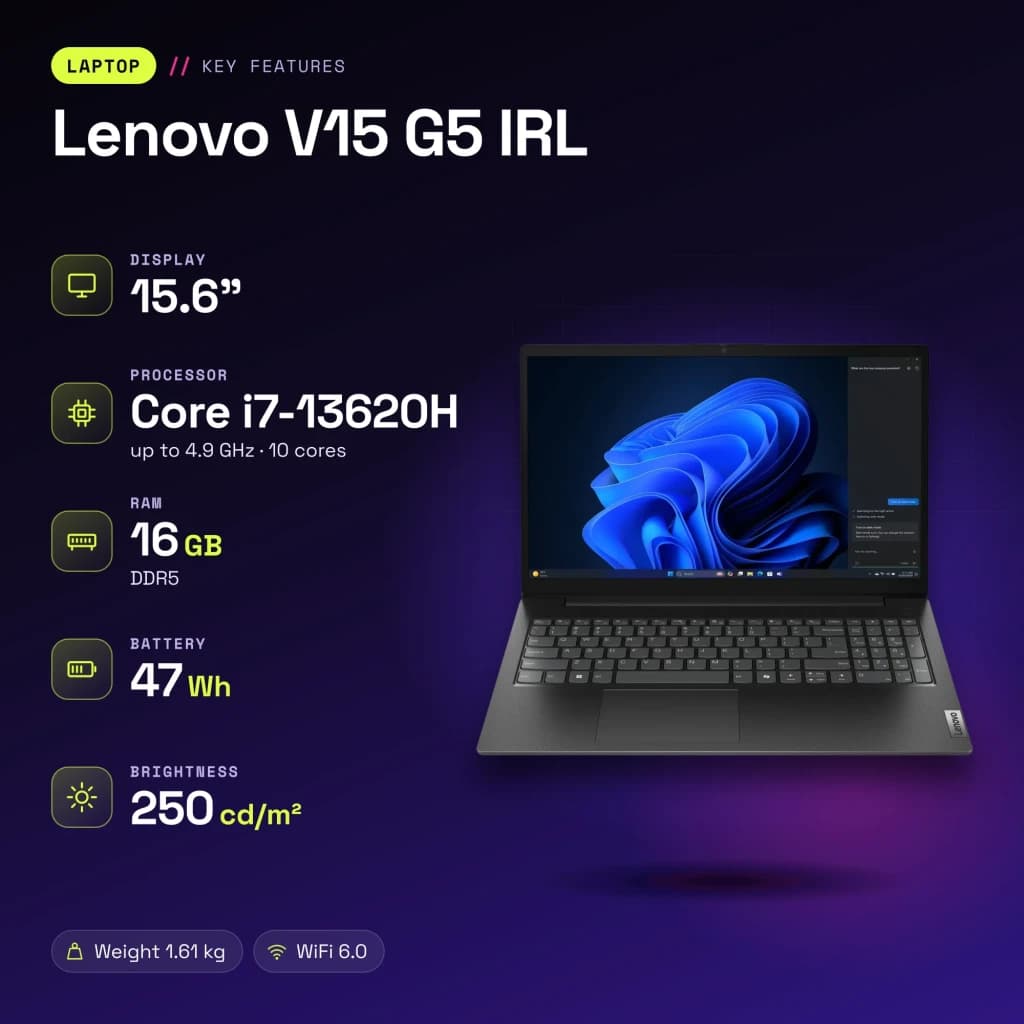 PC portable Lenovo V15 G5 IRL 16Go/512Go 15,6 pouces FHD Intel Core i7-13620H SSD NVMe PCIe 4.0 Windows 11 Pro Noir - caractéristiques
