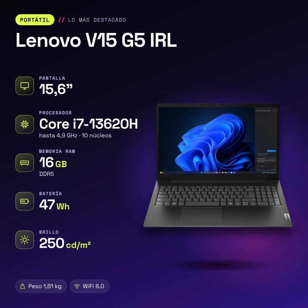 PC portable Lenovo V15 G5 IRL 16Go/512Go 15,6 pouces FHD Intel Core i7-13620H SSD NVMe PCIe 4.0 Windows 11 Pro Noir - caractéristiques