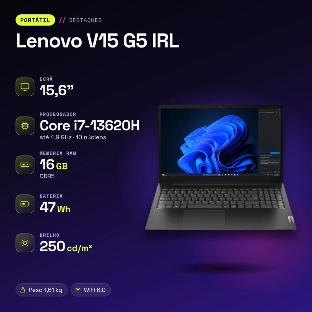 PC portable Lenovo V15 G5 IRL 16Go/512Go 15,6 pouces FHD Intel Core i7-13620H SSD NVMe PCIe 4.0 Windows 11 Pro Noir - caractéristiques