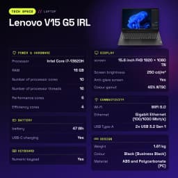 PC portable Lenovo V15 G5 IRL 16Go/512Go 15,6 pouces FHD Intel Core i7-13620H SSD NVMe PCIe 4.0 Windows 11 Pro Noir - caractéristiques