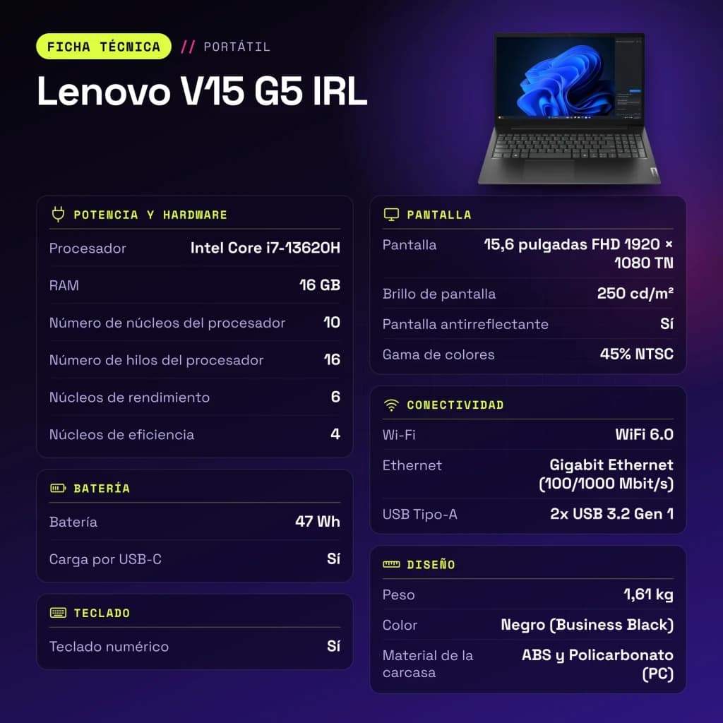 PC portable Lenovo V15 G5 IRL 16Go/512Go 15,6 pouces FHD Intel Core i7-13620H SSD NVMe PCIe 4.0 Windows 11 Pro Noir - caractéristiques