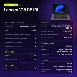 PC portable Lenovo V15 G5 IRL 16Go/512Go 15,6 pouces FHD Intel Core i7-13620H SSD NVMe PCIe 4.0 Windows 11 Pro Noir - caractéristiques