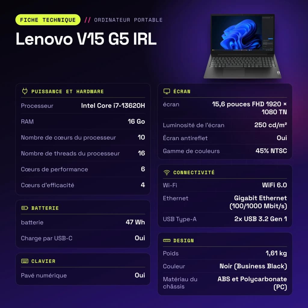 PC portable Lenovo V15 G5 IRL 16Go/512Go 15,6 pouces FHD Intel Core i7-13620H SSD NVMe PCIe 4.0 Windows 11 Pro Noir - caractéristiques