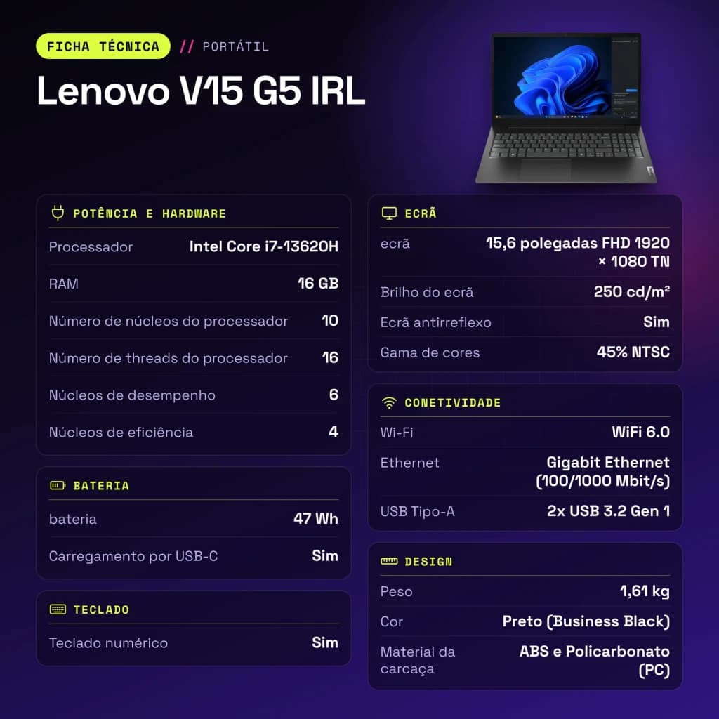 PC portable Lenovo V15 G5 IRL 16Go/512Go 15,6 pouces FHD Intel Core i7-13620H SSD NVMe PCIe 4.0 Windows 11 Pro Noir - caractéristiques