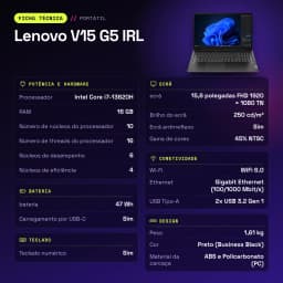 PC portable Lenovo V15 G5 IRL 16Go/512Go 15,6 pouces FHD Intel Core i7-13620H SSD NVMe PCIe 4.0 Windows 11 Pro Noir - caractéristiques