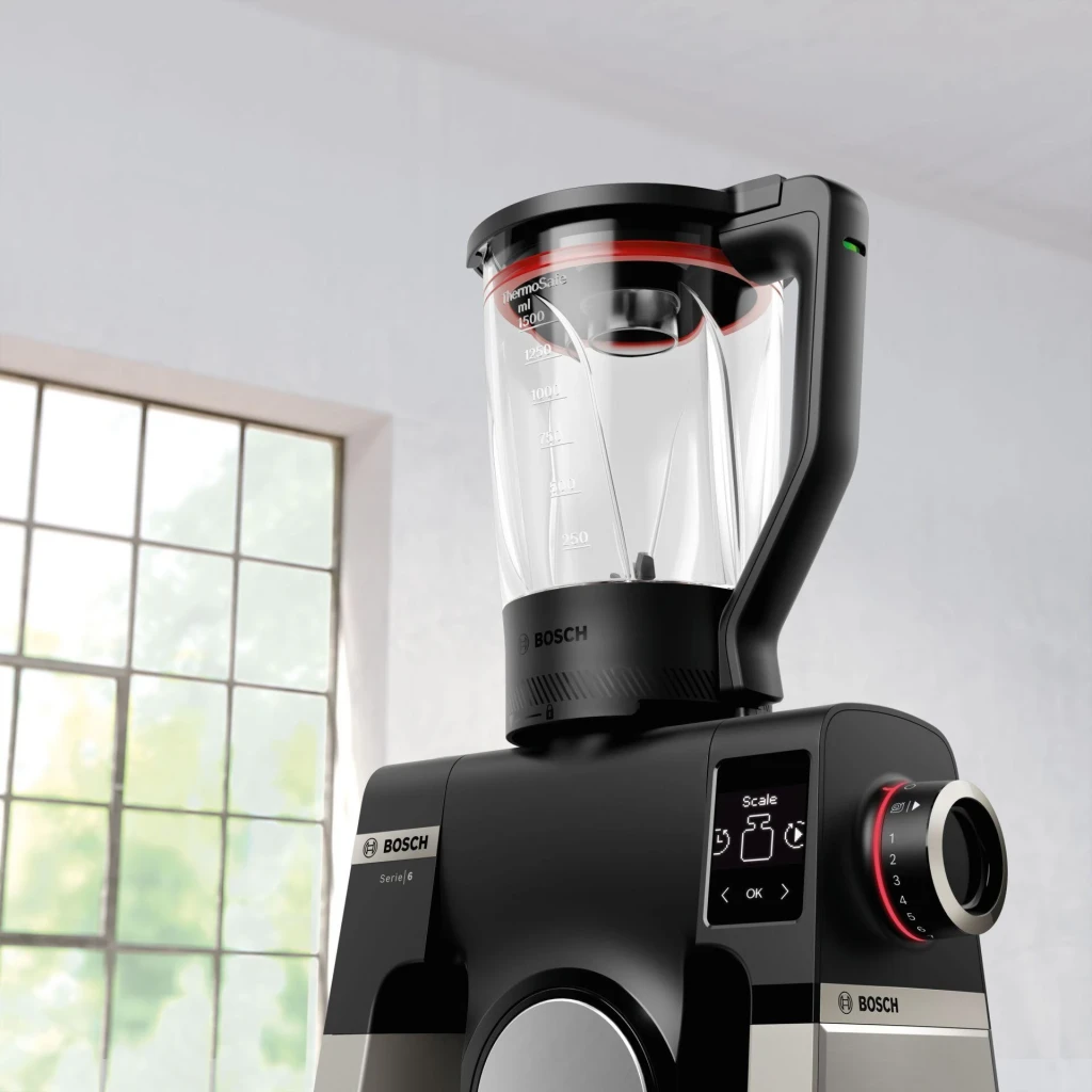 Bol en verre Bosch ThermoSafe 1,5L Acier Inoxydable MUZS6MX, en utilisation: bol transparent monté sur robot Serie 6