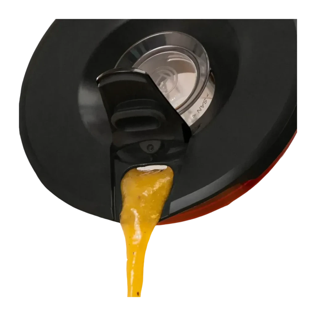 Bol en verre Bosch ThermoSafe 1,5L Acier Inoxydable MUZS6MX, détail: bec verseur coulant purée jaune avec couvercle noir