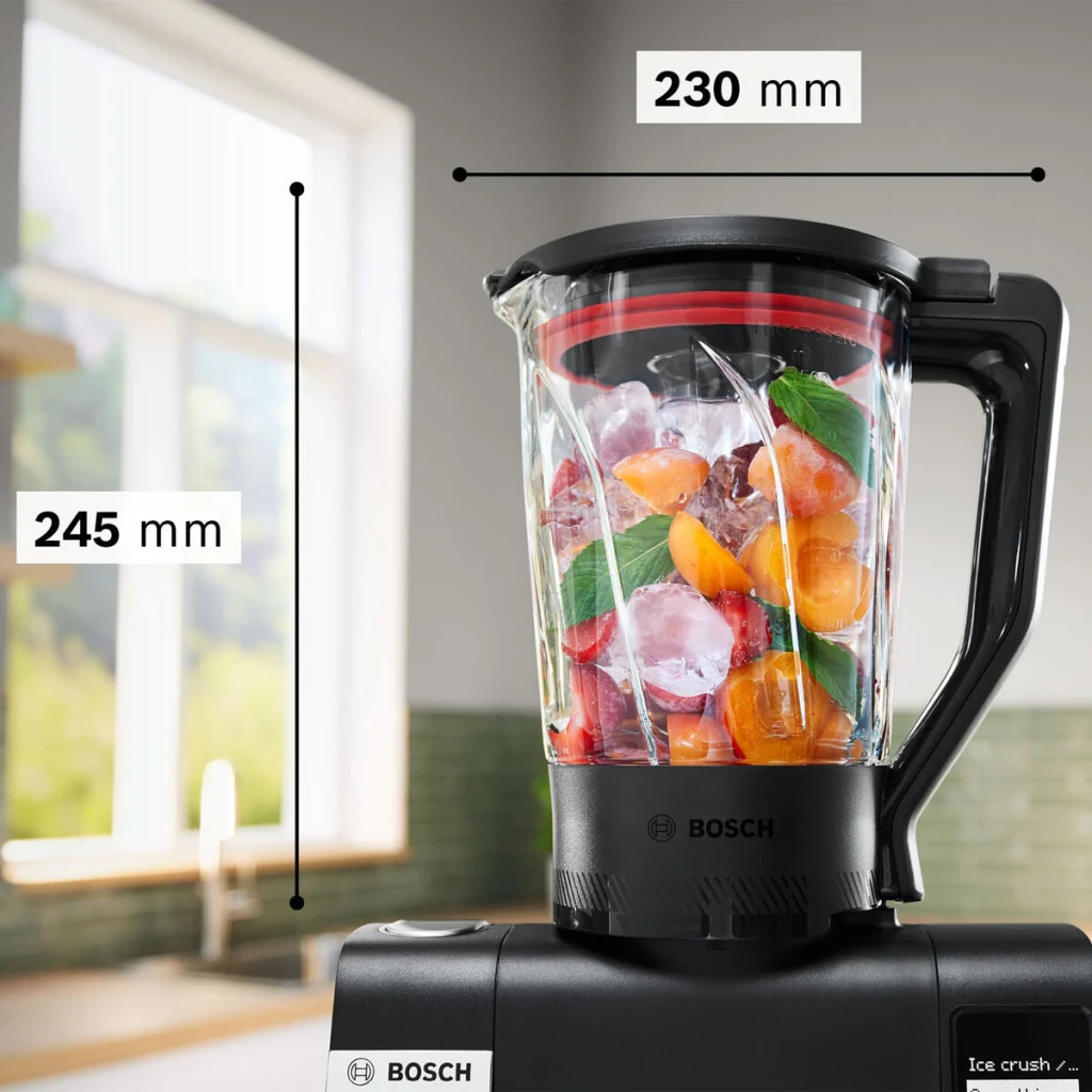 Bol en verre Bosch ThermoSafe 1,5L Acier Inoxydable MUZS6MX, dimensions: 245mm hauteur x 230mm largeur, avec fruits
