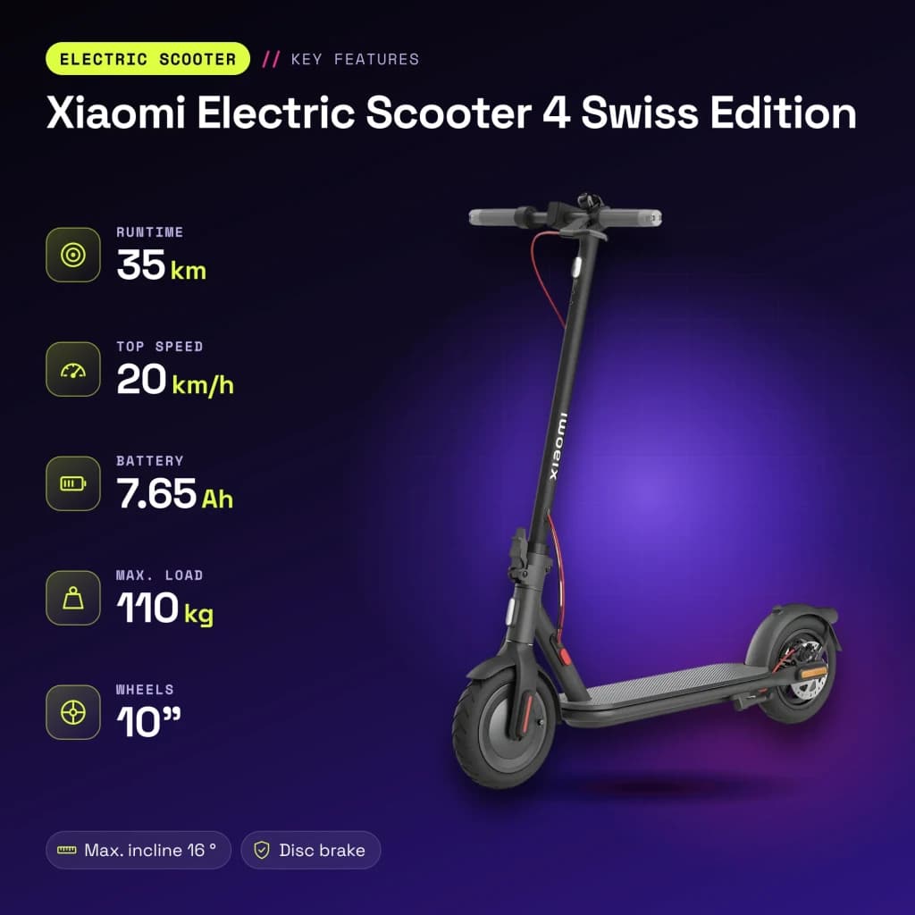Trottinette Électrique Xiaomi Electric Scooter 4 Swiss Edition 300W 35km 20km/h 10 pouces Noir - caractéristiques