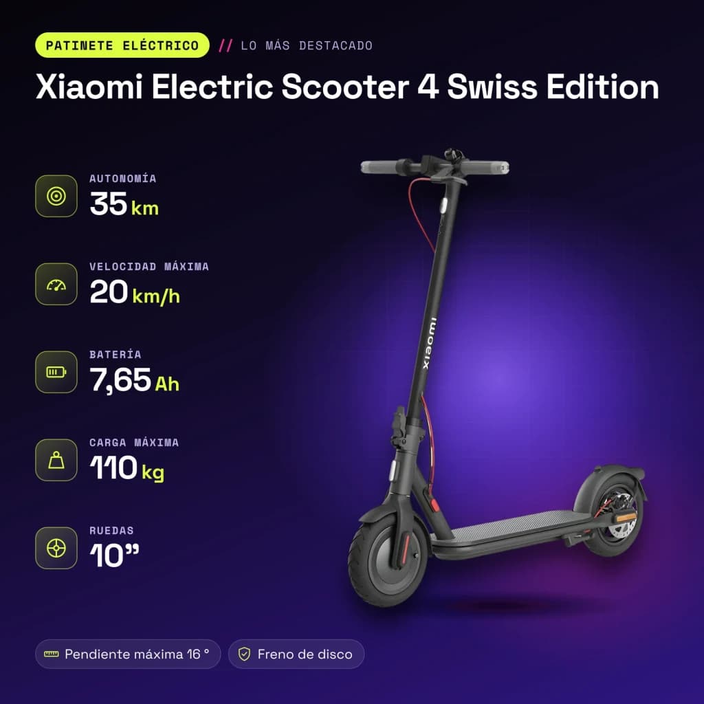 Trottinette Électrique Xiaomi Electric Scooter 4 Swiss Edition 300W 35km 20km/h 10 pouces Noir - caractéristiques