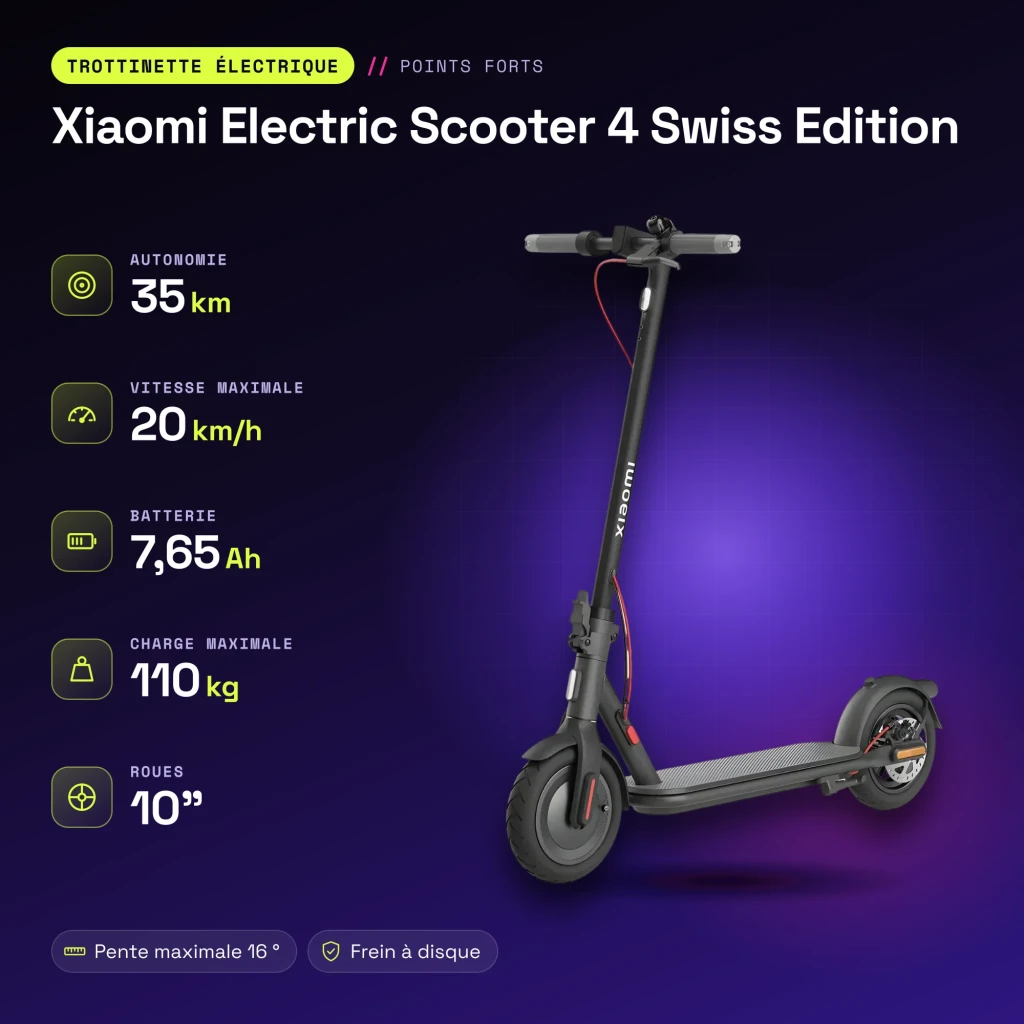 Trottinette Électrique Xiaomi Electric Scooter 4 Swiss Edition 300W 35km 20km/h 10 pouces Noir - caractéristiques