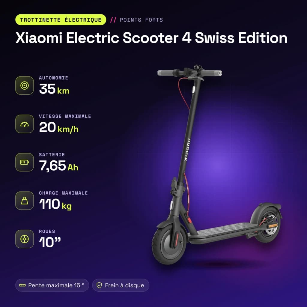 Trottinette Électrique Xiaomi Electric Scooter 4 Swiss Edition 300W 35km 20km/h 10 pouces Noir - caractéristiques