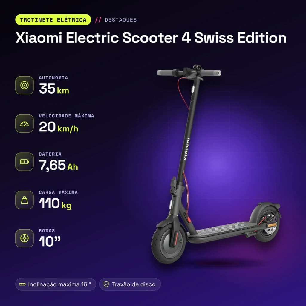 Trottinette Électrique Xiaomi Electric Scooter 4 Swiss Edition 300W 35km 20km/h 10 pouces Noir - caractéristiques