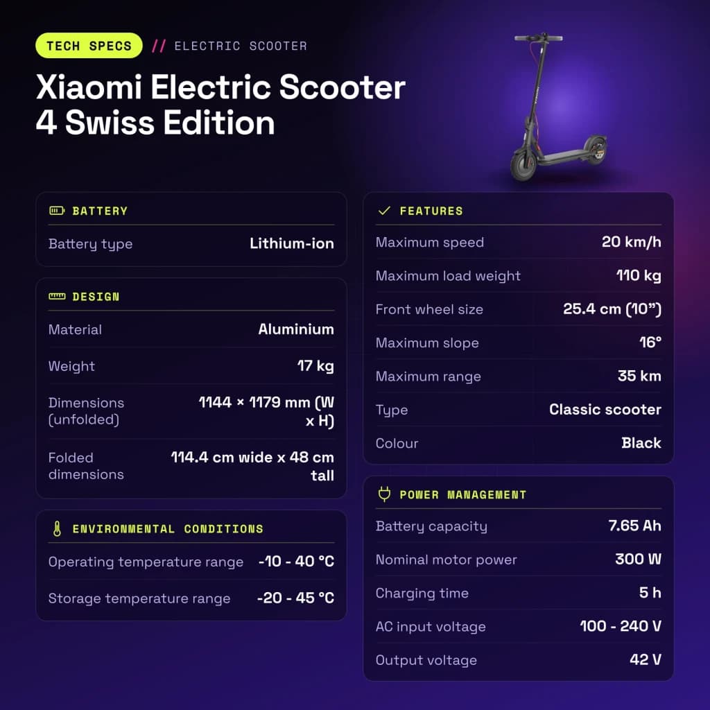 Trottinette Électrique Xiaomi Electric Scooter 4 Swiss Edition 300W 35km 20km/h 10 pouces Noir - caractéristiques